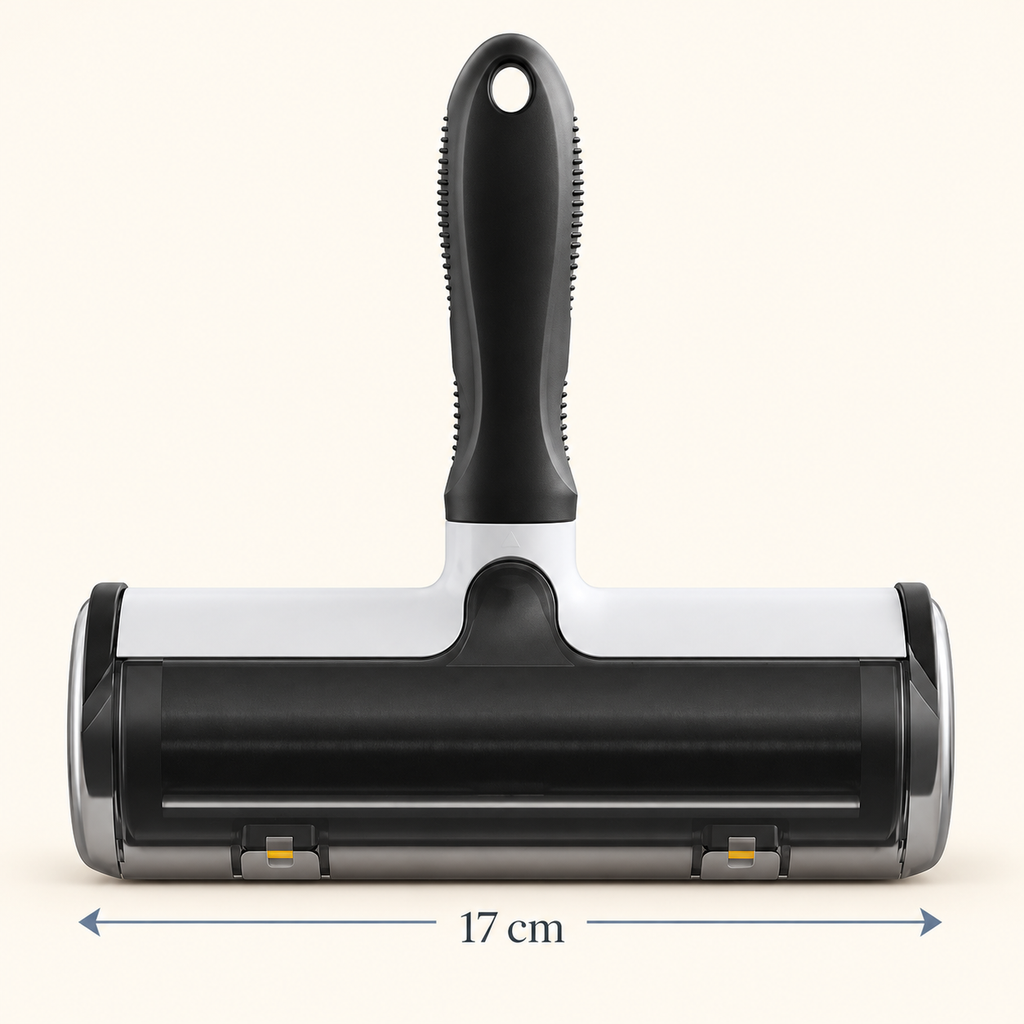 Reusable pet hair roller size guide showing a 17 cm wide roller head.