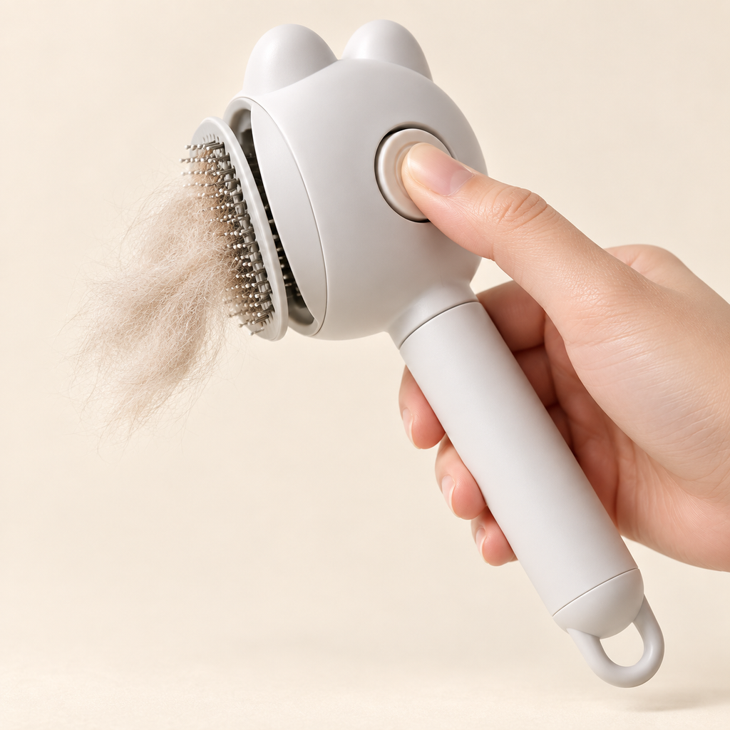 Close-up of the pet comb hair-release button and collected fur lifting from the pins.