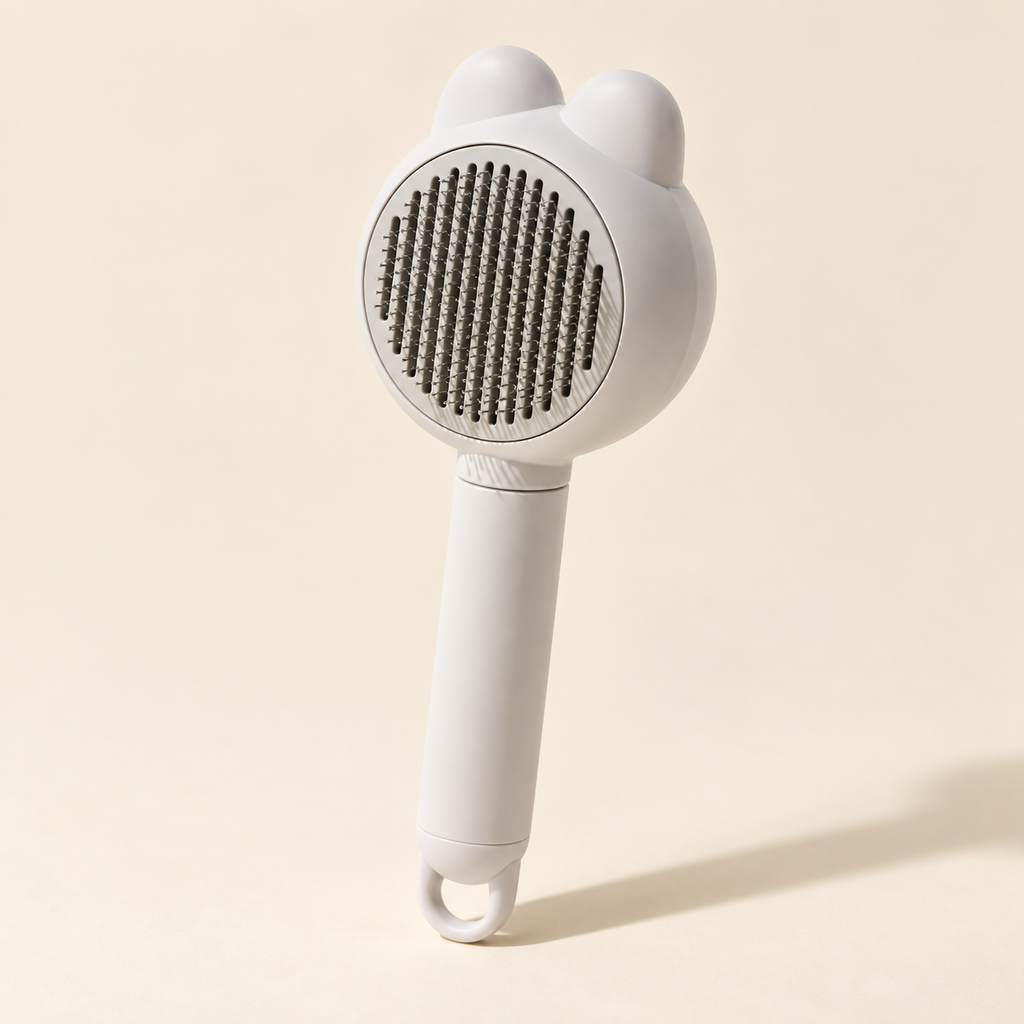 Gray pet massage and deshedding comb on a warm ivory background.