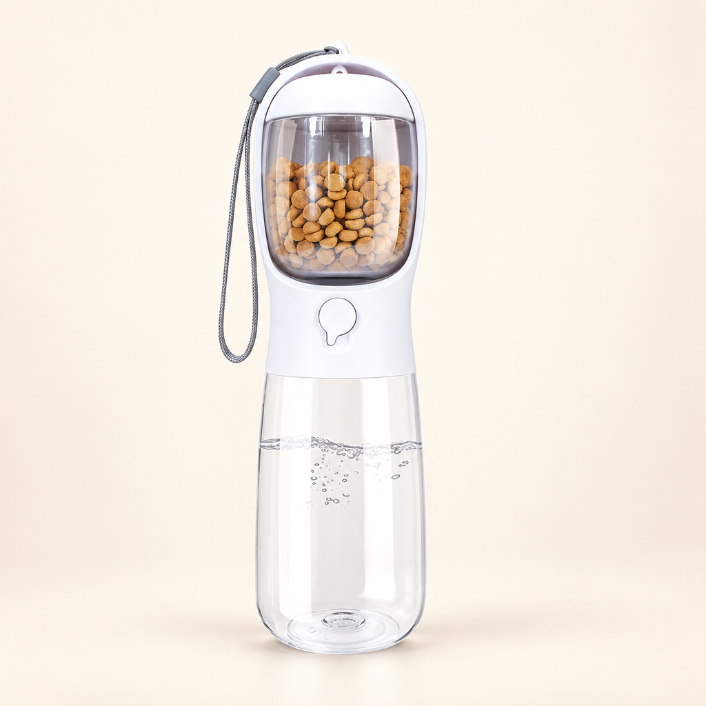 White pet water and food bottle with clear food container, water reservoir and wrist strap on an ivory background.