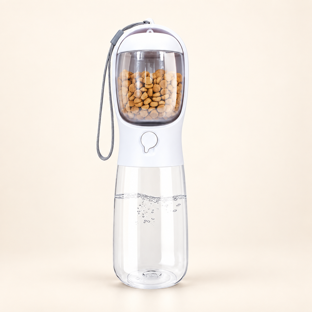 White pet water and food bottle with clear food container, water reservoir and wrist strap on an ivory background.