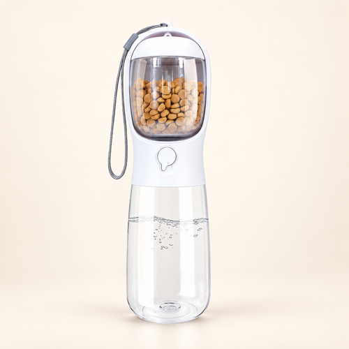 White pet water and food bottle with clear food container, water reservoir and wrist strap on an ivory background.