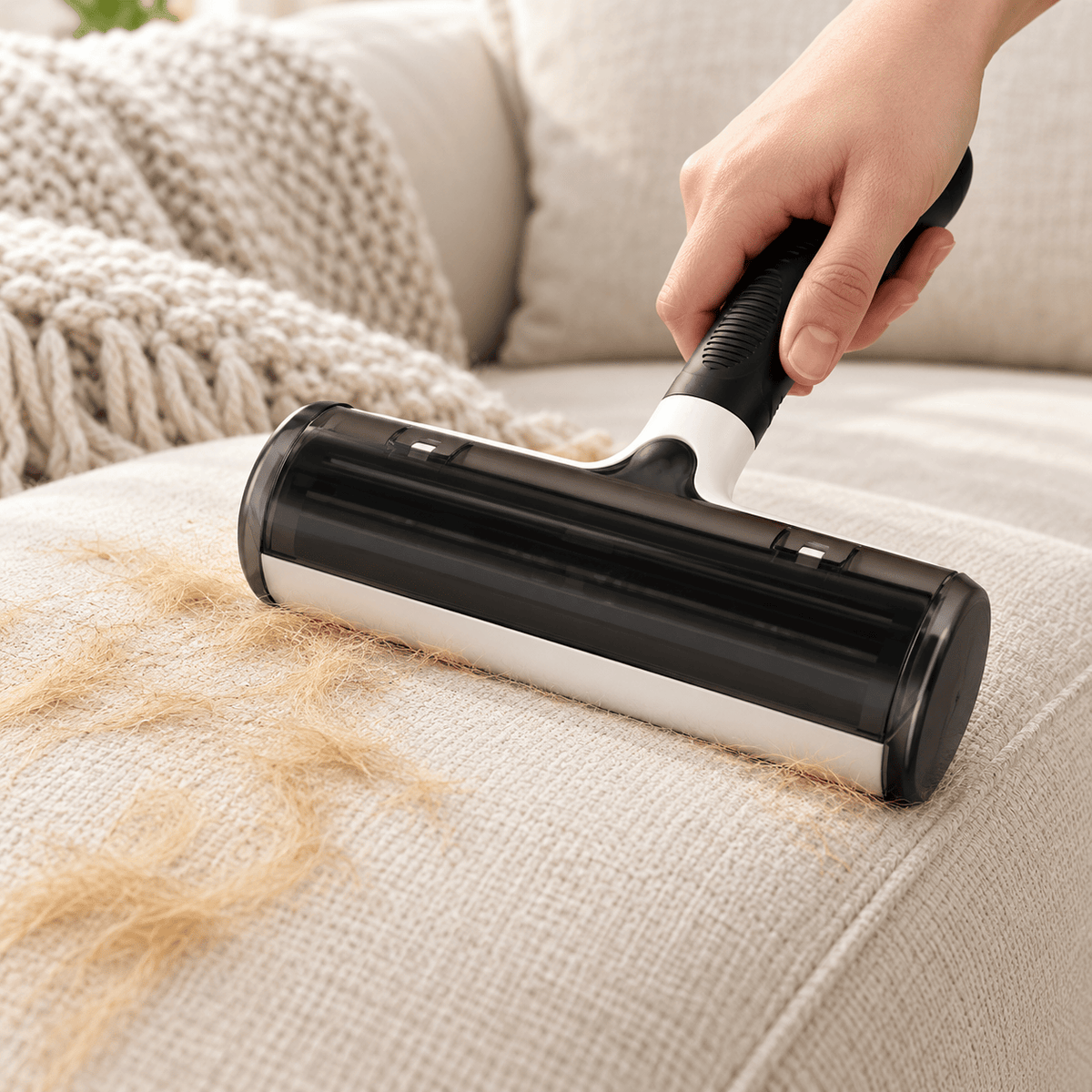 Reusable hair roller collecting pet fur from a cream sofa