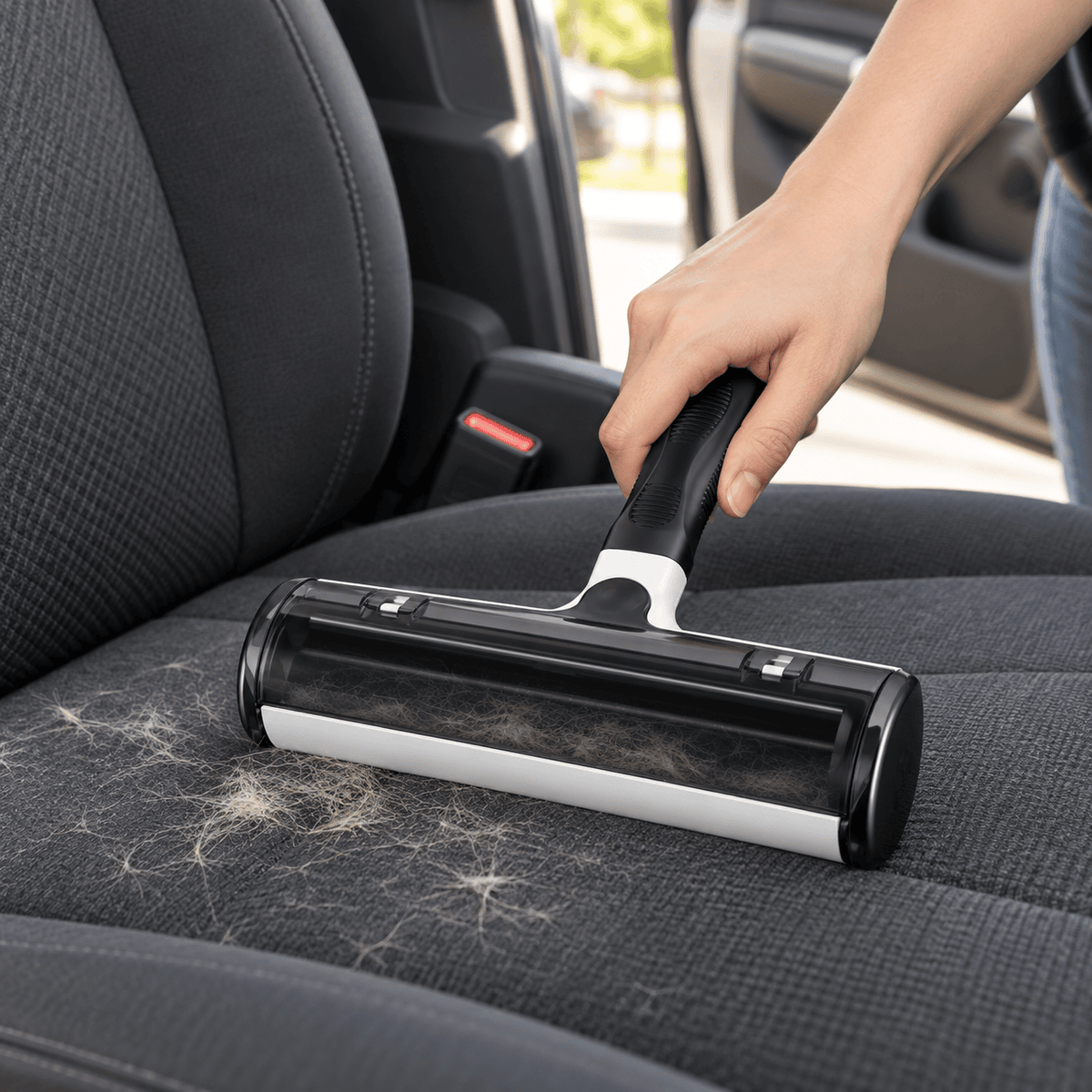 Reusable pet hair roller cleaning fur from a dark car seat