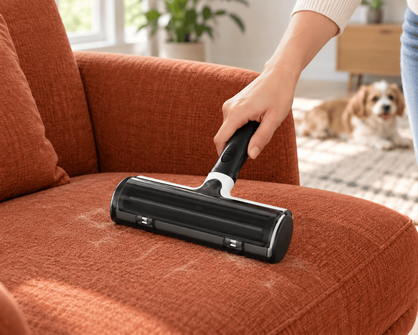 Reusable pet hair roller removing fur from a rust-colored armchair