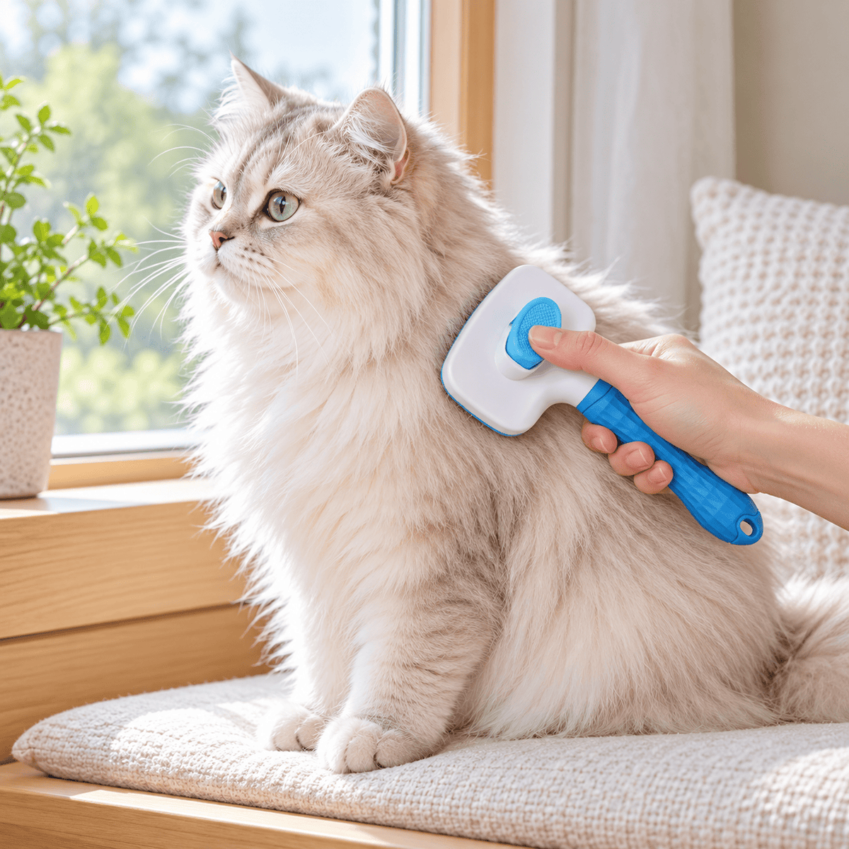 Gentle cat grooming with the blue self-cleaning brush