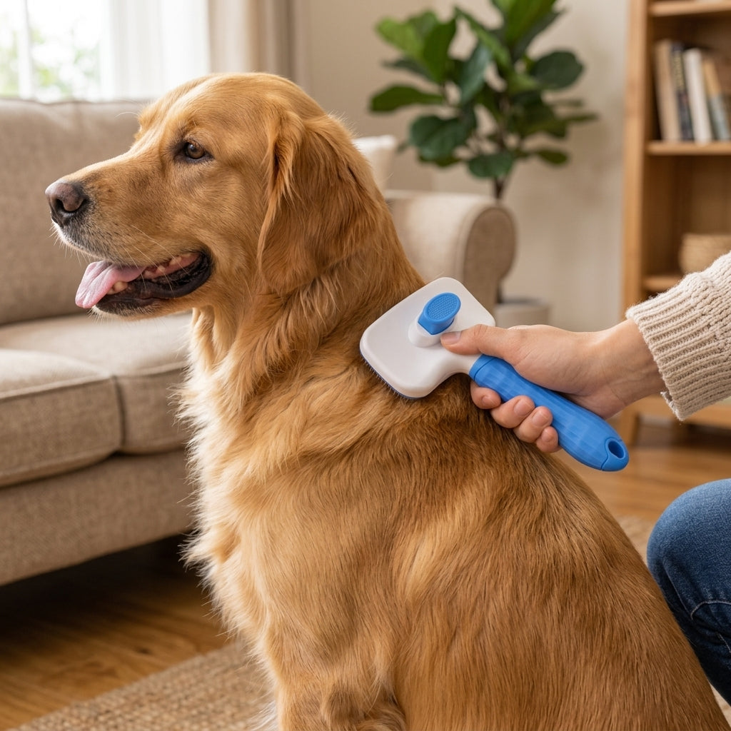 Blue self-cleaning brush grooming a golden retriever
