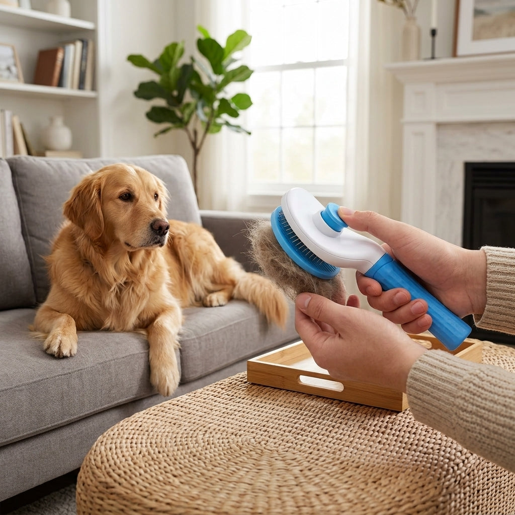 Releasing collected fur from the self-cleaning grooming brush