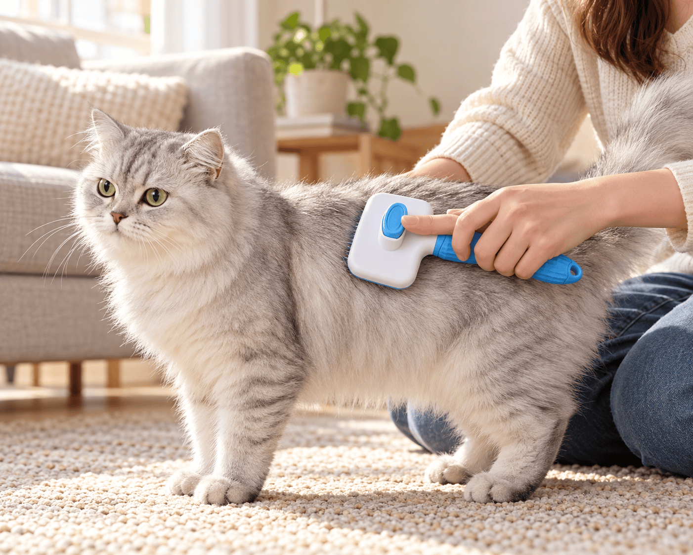 Self-cleaning grooming brush used on a silver cat at home