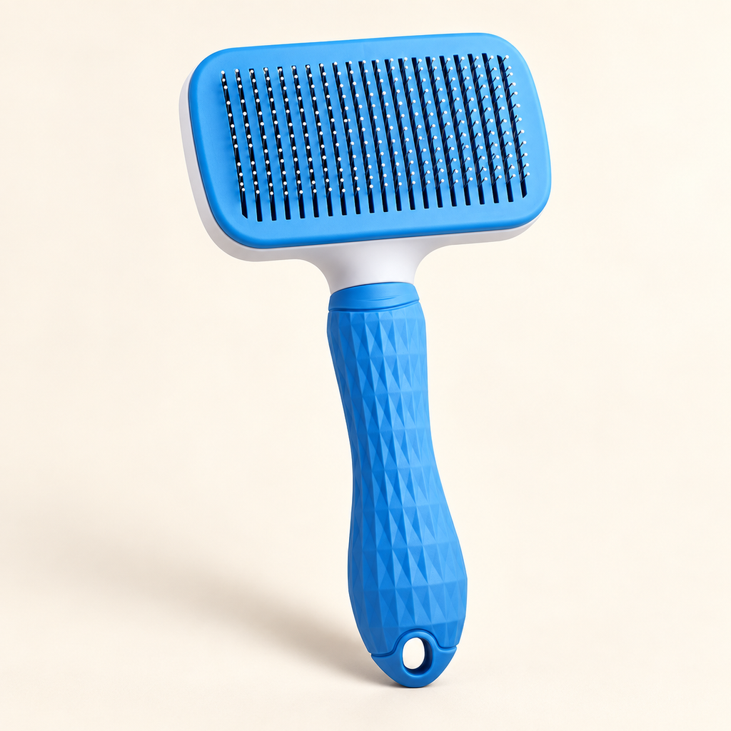 Blue rectangular self-cleaning pet grooming brush on a warm ivory background.