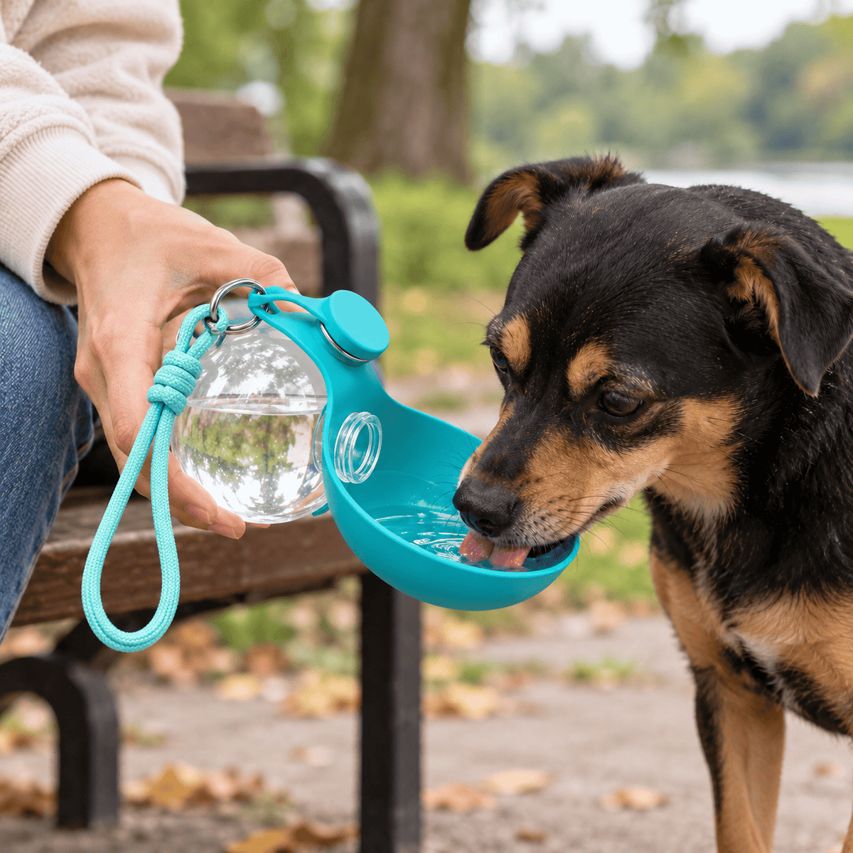 Small dog drinking from the portable bottle bowl at a park