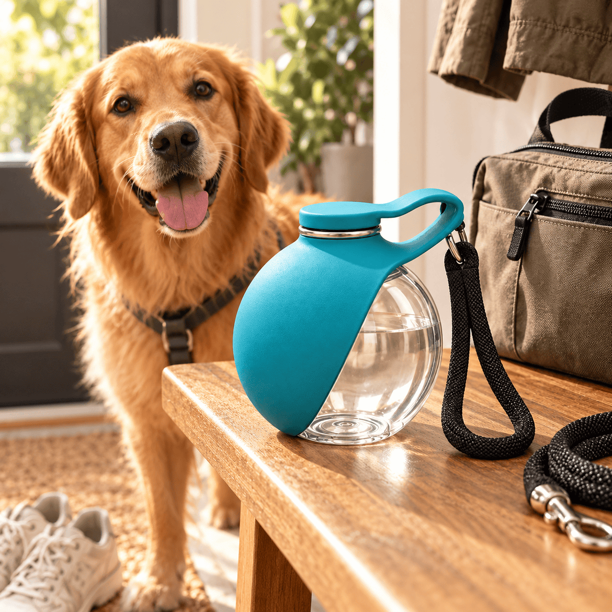 Portable water bottle and wrist strap ready beside a golden retriever