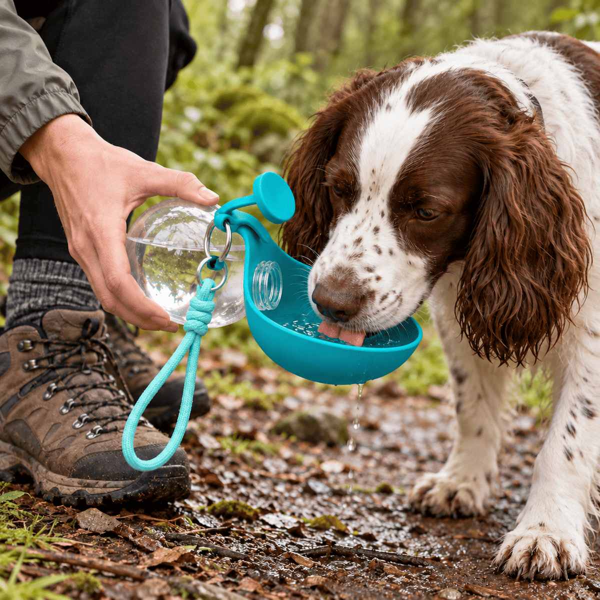 Spaniel taking a water break from the silicone bottle bowl on a trail