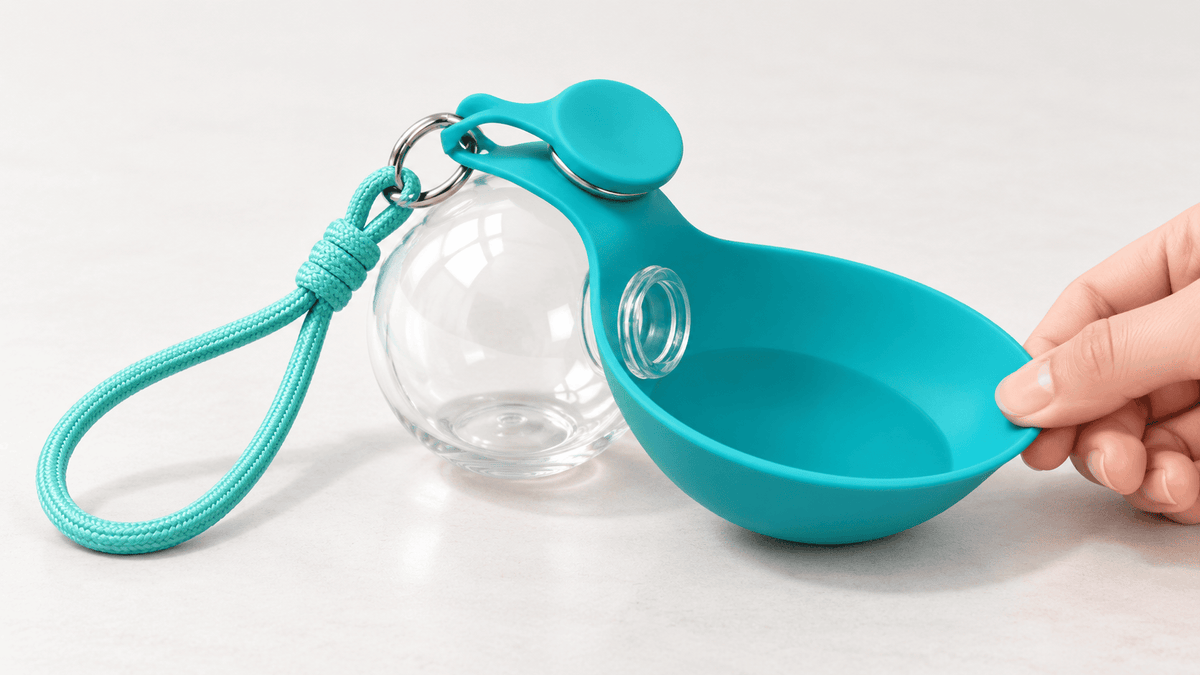 Close-up of the portable bottle and fold-out silicone drinking bowl