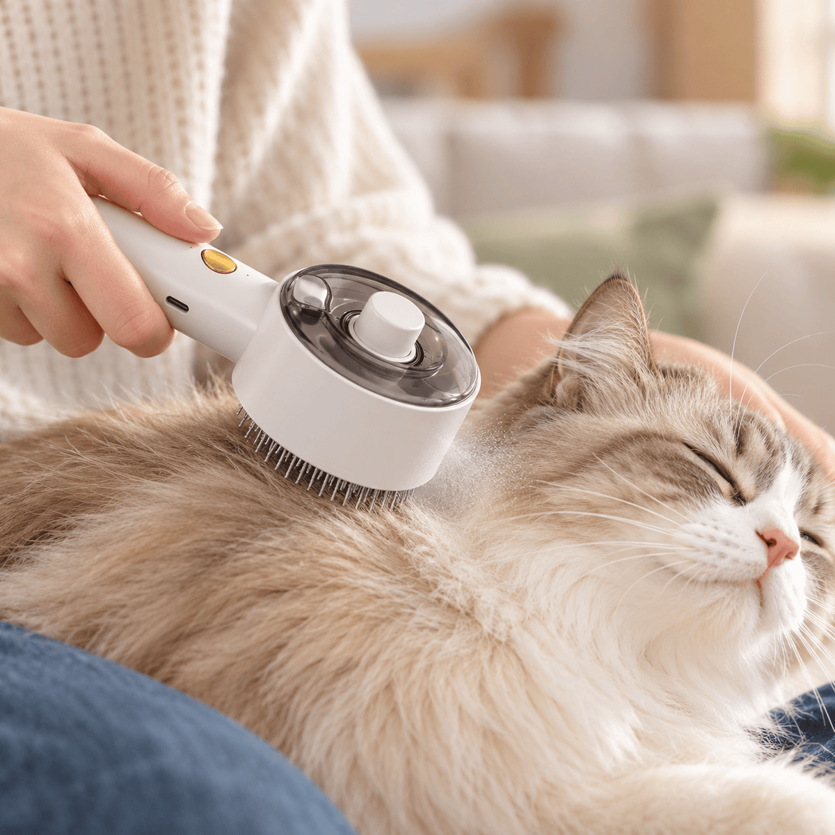 Fine mist spray grooming brush used on a resting cat