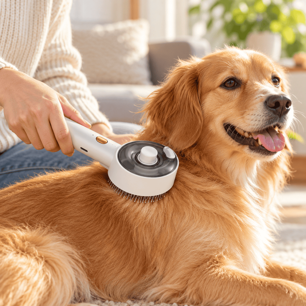 White spray grooming comb brushing a golden retriever