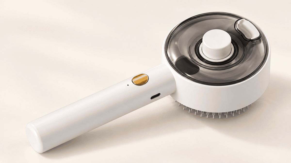Close-up of the spray grooming comb reservoir controls and charging port