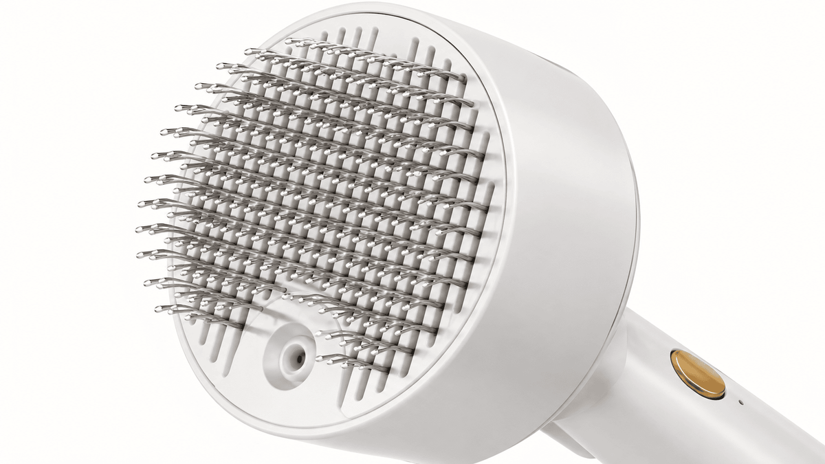 Close-up of the spray grooming comb bristles and spray outlet