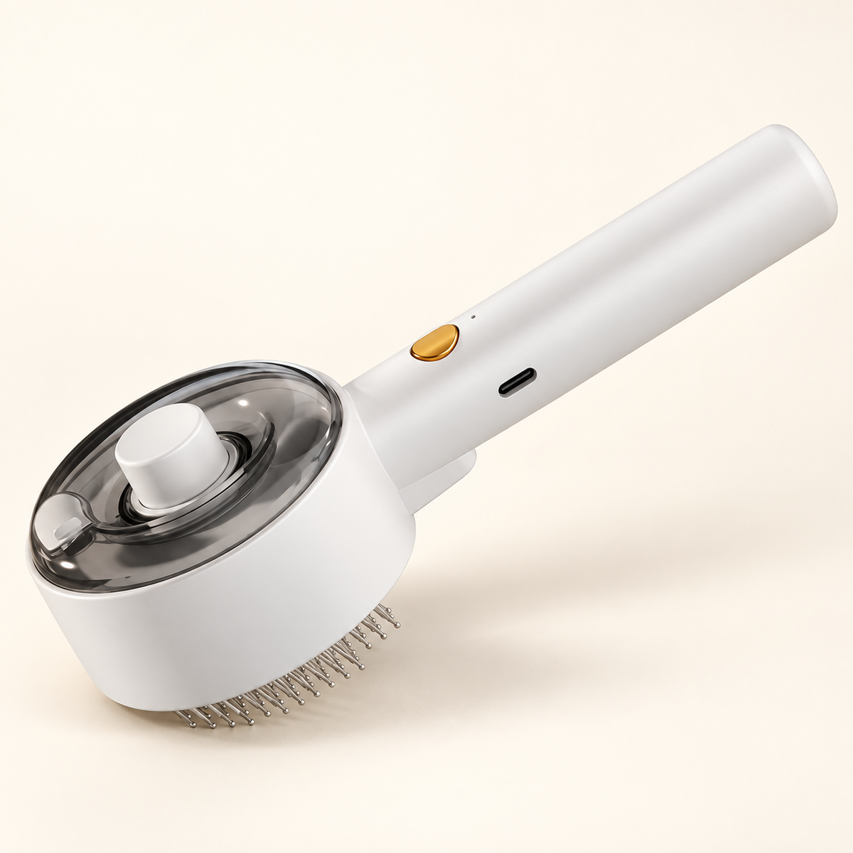 White spray pet grooming comb with round reservoir head and grooming pins on a warm ivory background.