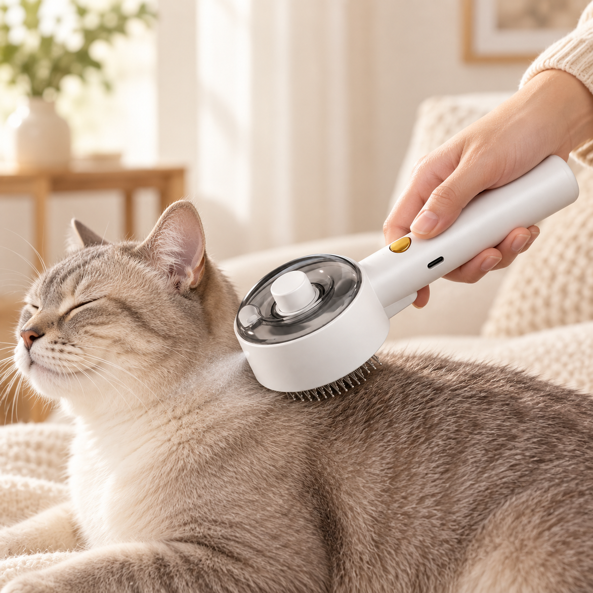 White spray grooming comb gently brushing a relaxed cat with a light water mist.