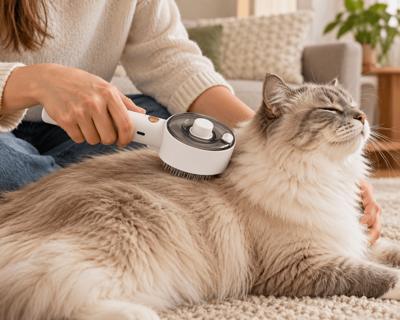 Spray grooming comb brushing a relaxed long-haired cat at home