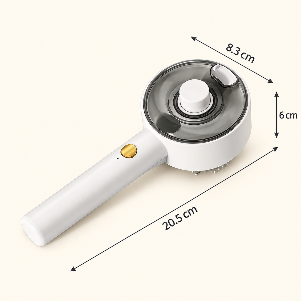 Spray pet grooming comb size guide showing 20.5 cm length, 8.3 cm head diameter, and 6 cm head depth.