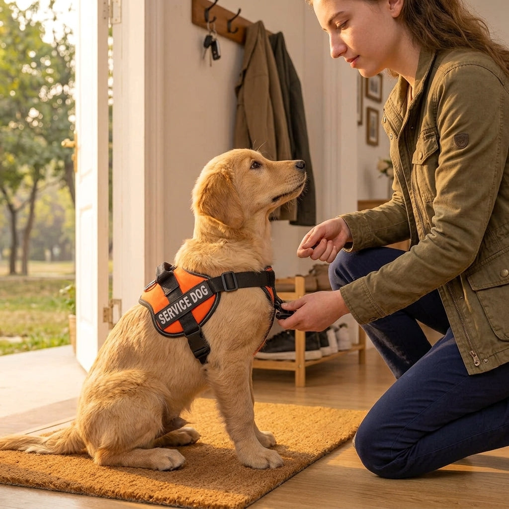Fitting an orange harness on a golden puppy by the door