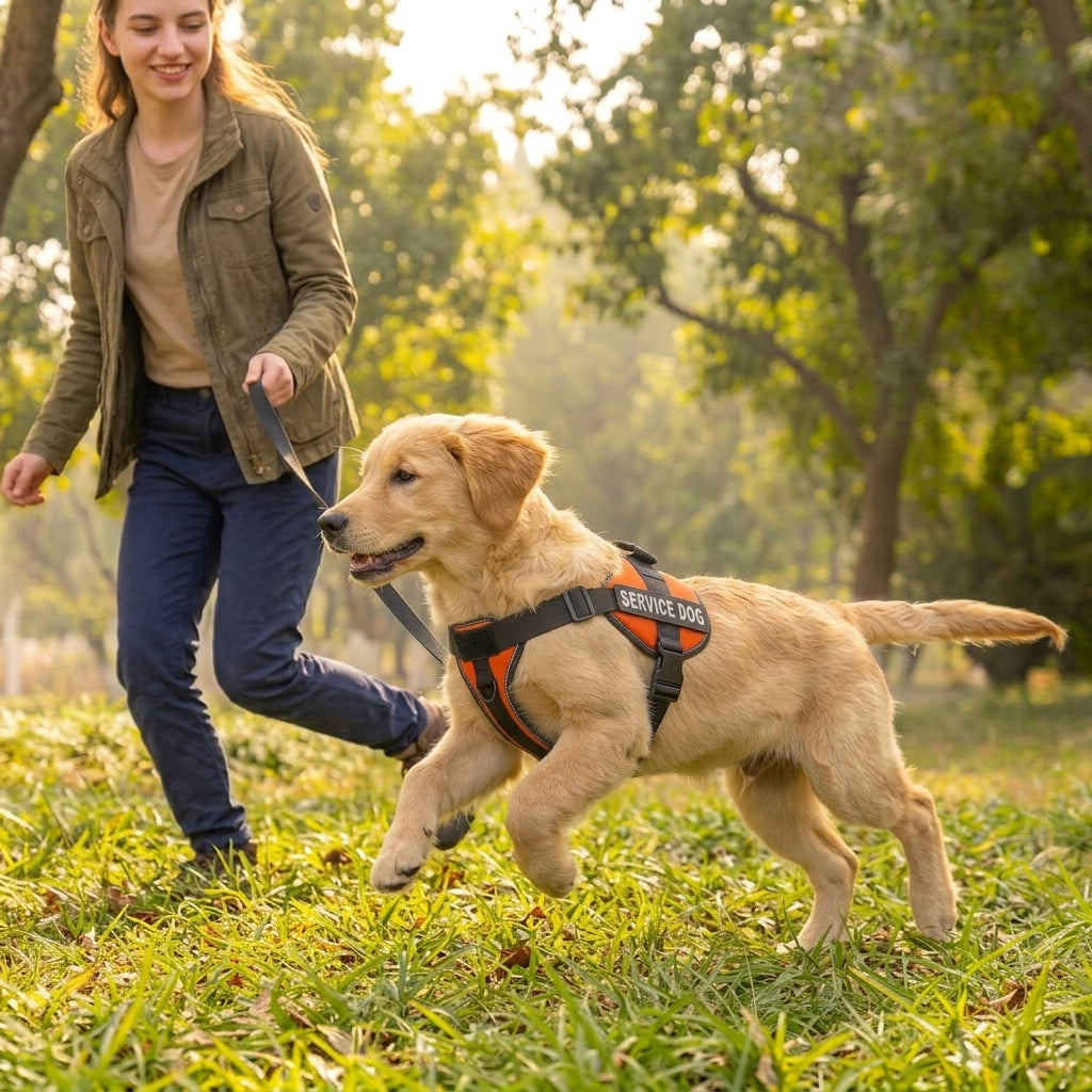 Golden puppy wearing an orange harness on a park walk