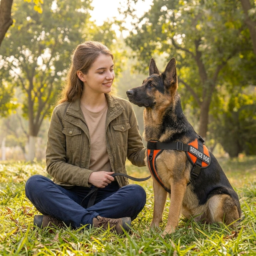 German shepherd in an orange harness resting beside its owner